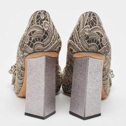 Pre Owned Dolce & Gabbana Silver/Beige Jacquard Floral Crystal Pumps  Size 37