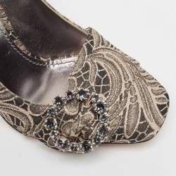 Pre Owned Dolce & Gabbana Silver/Beige Jacquard Floral Crystal Pumps  Size 37