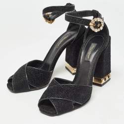 Pre Owned Dolce & Gabbana Black Lurex Fabric Crystal Embellished Block Heel Ankle Strap Sandals Size 37