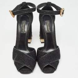 Pre Owned Dolce & Gabbana Black Lurex Fabric Crystal Embellished Block Heel Ankle Strap Sandals Size 37