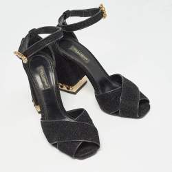 Pre Owned Dolce & Gabbana Black Lurex Fabric Crystal Embellished Block Heel Ankle Strap Sandals Size 37