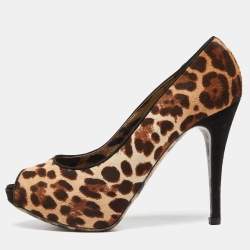 Dolce & Gabbana Beige/Brown Leopard Print Calfhair Peep Toe Pumps Size 39