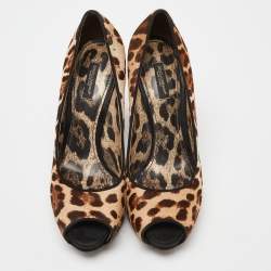 Dolce & Gabbana Beige/Brown Leopard Print Calfhair Peep Toe Pumps Size 39
