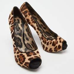 Dolce & Gabbana Beige/Brown Leopard Print Calfhair Peep Toe Pumps Size 39