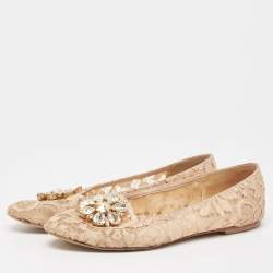 Pre Owned Dolce & Gabbana Beige Lace Crystal Embellished Taormina Smoking Slippers Size 39