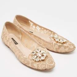 Pre Owned Dolce & Gabbana Beige Lace Crystal Embellished Taormina Smoking Slippers Size 39