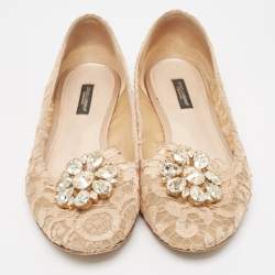 Pre Owned Dolce & Gabbana Beige Lace Crystal Embellished Taormina Smoking Slippers Size 39