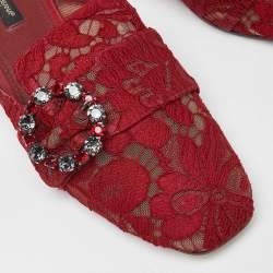 Dolce & Gabbana Red Lace Jackie Crystal Embellished Buckle Flat Mules Size 37.5