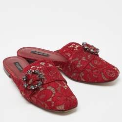 Dolce & Gabbana Red Lace Jackie Crystal Embellished Buckle Flat Mules Size 37.5