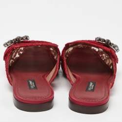 Dolce & Gabbana Red Lace Jackie Crystal Embellished Buckle Flat Mules Size 37.5