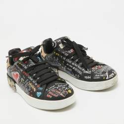 Dolce & Gabbana Black Graffiti Leather Portofino Sneakers Size 36.5