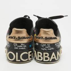 Dolce & Gabbana Black Graffiti Leather Portofino Sneakers Size 36.5