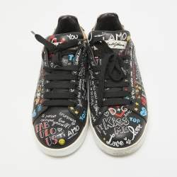 Dolce & Gabbana Black Graffiti Leather Portofino Sneakers Size 36.5