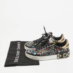 Dolce & Gabbana Black Graffiti Leather Portofino Sneakers Size 36.5