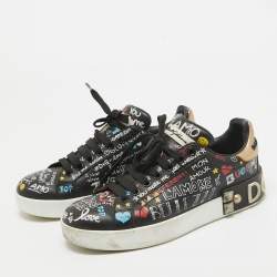 Dolce & Gabbana Black Graffiti Leather Portofino Sneakers Size 36.5