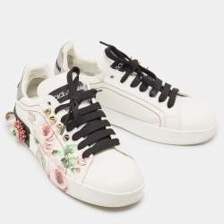 Dolce & Gabbana White Leather Printed Appliques Sneakers Size 37