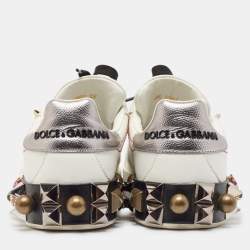 Dolce & Gabbana White Leather Printed Appliques Sneakers Size 37