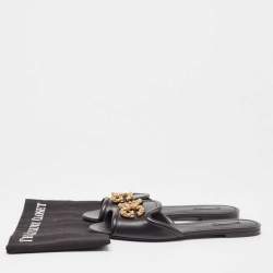 Pre Owned Dolce & Gabbana Black Leather Embellished DG Amore Flat Slides Size 41