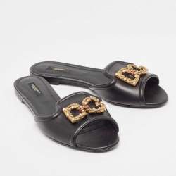 Pre Owned Dolce & Gabbana Black Leather Embellished DG Amore Flat Slides Size 41