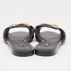 Pre Owned Dolce & Gabbana Black Leather Embellished DG Amore Flat Slides Size 41