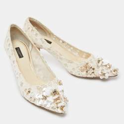 Pre Owned Dolce & Gabbana Off White Lace Sequin/Beads Embellished Bellucci Pumps Size 40.5