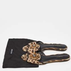 Pre Owned Dolce & Gabbana Brown/Beige Animal Print Fabric Bellucci Flat Slides Size 41