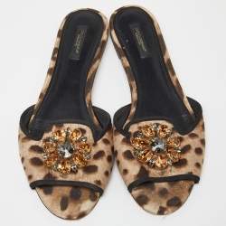 Pre Owned Dolce & Gabbana Brown/Beige Animal Print Fabric Bellucci Flat Slides Size 41