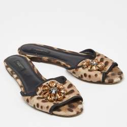 Pre Owned Dolce & Gabbana Brown/Beige Animal Print Fabric Bellucci Flat Slides Size 41