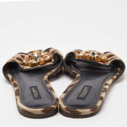 Pre Owned Dolce & Gabbana Brown/Beige Animal Print Fabric Bellucci Flat Slides Size 41