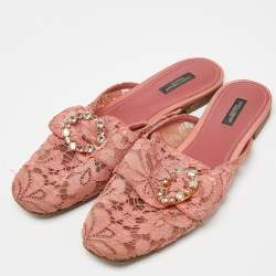 Dolce & Gabbana Pink Lace Crystal Embellished Flat Mules Size 41
