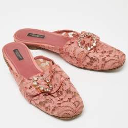 Dolce & Gabbana Pink Lace Crystal Embellished Flat Mules Size 41