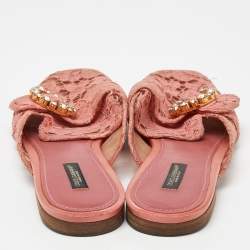 Dolce & Gabbana Pink Lace Crystal Embellished Flat Mules Size 41