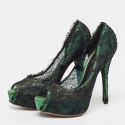 Dolce & Gabbana Black/Green Lace and Satin Peep Toe Platform Pumps Size 40