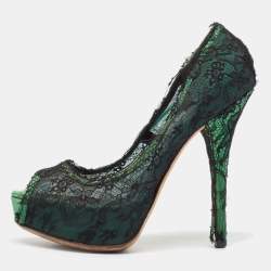 Dolce & Gabbana Black/Green Lace and Satin Peep Toe Platform Pumps Size 40