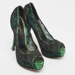 Dolce & Gabbana Black/Green Lace and Satin Peep Toe Platform Pumps Size 40