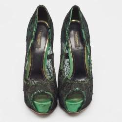 Dolce & Gabbana Black/Green Lace and Satin Peep Toe Platform Pumps Size 40