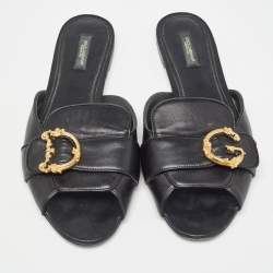 Dolce & Gabbana Black Leather Devotion Flat Slides Size 42