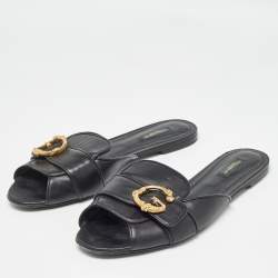 Dolce & Gabbana Black Leather Devotion Flat Slides Size 42