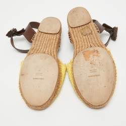 Pre Owned Dolce & Gabbana Brown/Yellow Raffia and Leather Pineapple Kiwi Patch Espadrille Sandals Size 40