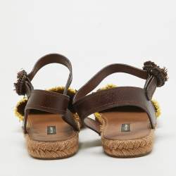 Pre Owned Dolce & Gabbana Brown/Yellow Raffia and Leather Pineapple Kiwi Patch Espadrille Sandals Size 40