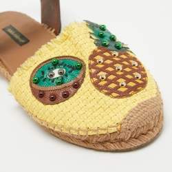 Pre Owned Dolce & Gabbana Brown/Yellow Raffia and Leather Pineapple Kiwi Patch Espadrille Sandals Size 40