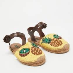 Pre Owned Dolce & Gabbana Brown/Yellow Raffia and Leather Pineapple Kiwi Patch Espadrille Sandals Size 40