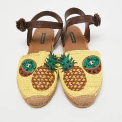 Pre Owned Dolce & Gabbana Brown/Yellow Raffia and Leather Pineapple Kiwi Patch Espadrille Sandals Size 40