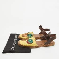 Pre Owned Dolce & Gabbana Brown/Yellow Raffia and Leather Pineapple Kiwi Patch Espadrille Sandals Size 40