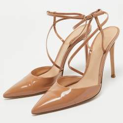 Gianvito Rossi Beige Patent Leather Ankle Strap Pumps Size 39.5