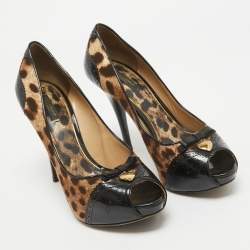 Pre Owned Dolce & Gabbana Black/Brown Patent and Canvas Peep Toe Pumps Size 40