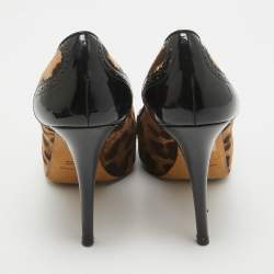 Pre Owned Dolce & Gabbana Black/Brown Patent and Canvas Peep Toe Pumps Size 40