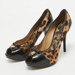 Pre Owned Dolce & Gabbana Black/Brown Patent and Canvas Peep Toe Pumps Size 40
