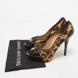 Pre Owned Dolce & Gabbana Black/Brown Patent and Canvas Peep Toe Pumps Size 40