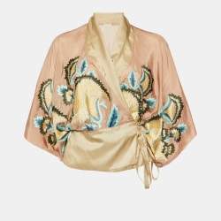 Dries van Noten Taupe Embroidered Silk Wrap Top M